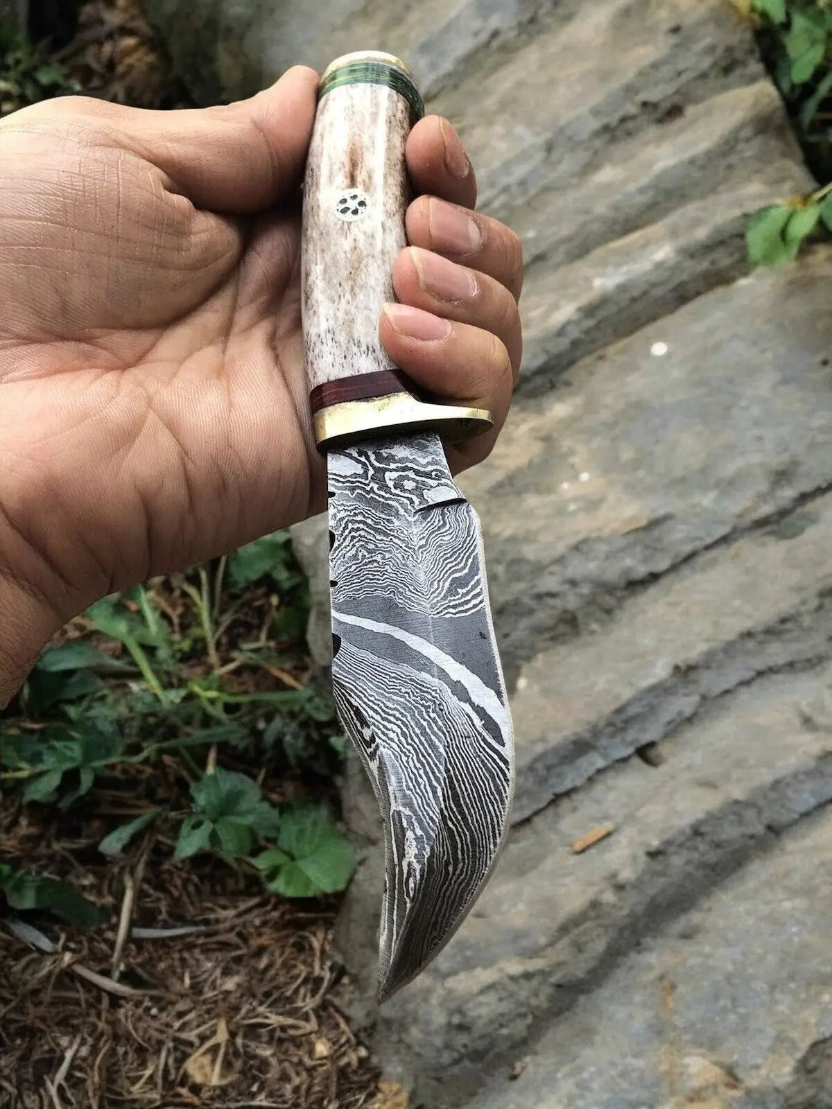Custom Handmade Damascus Hunting Knife – 7.5” with Bone Handle by Damascus Knife Store, Damascus knife detail photo 2