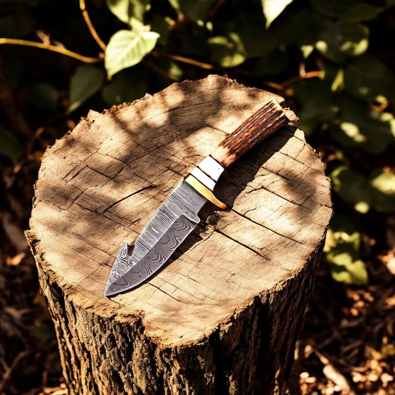 Custom Handmade Damascus Hunting Knife – 8" with Antler Handle Damascus Knife Store