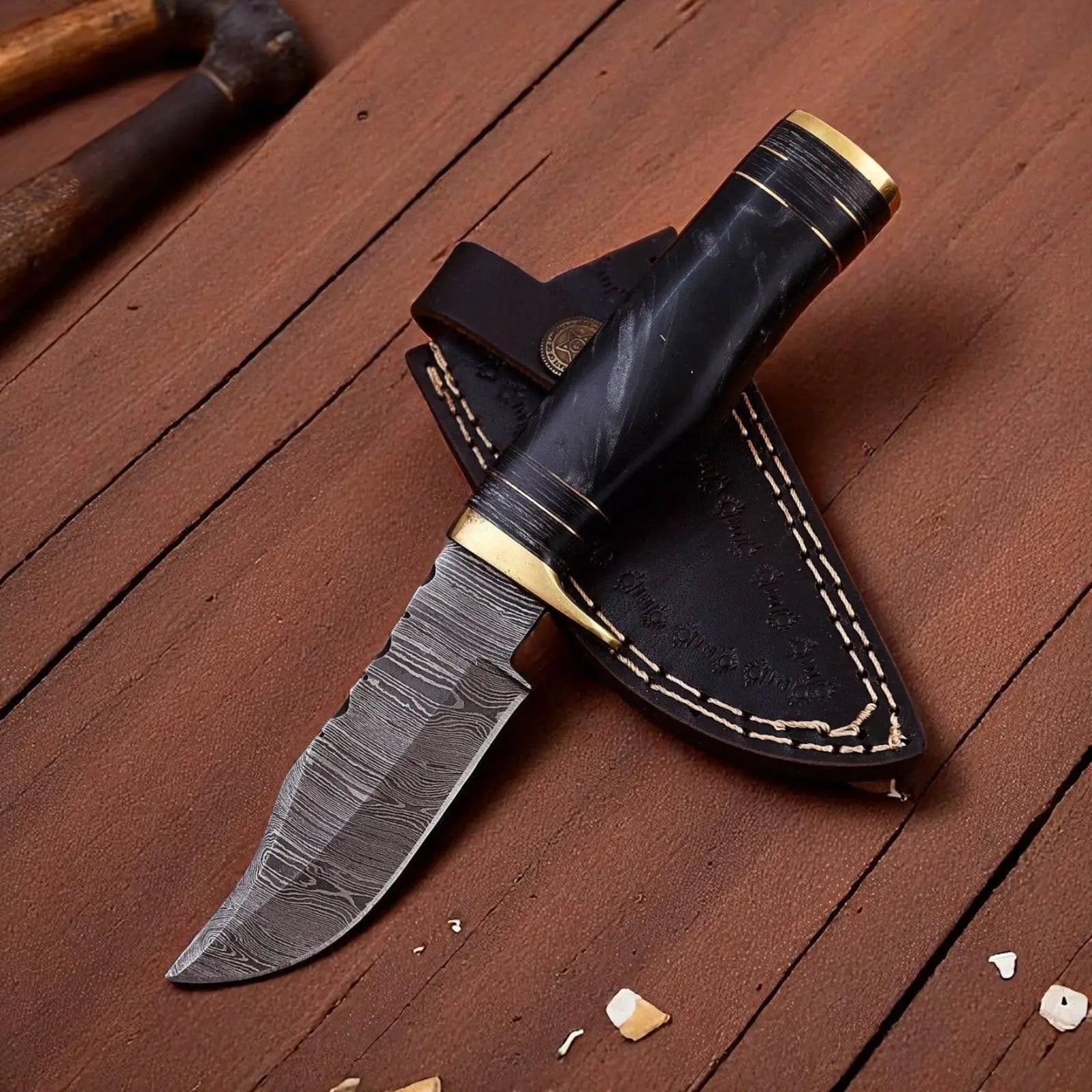 Custom Handmade Damascus Hunting Knife – 8" with Sheath by Damascus Knife Store, leather knife sheath main product photo