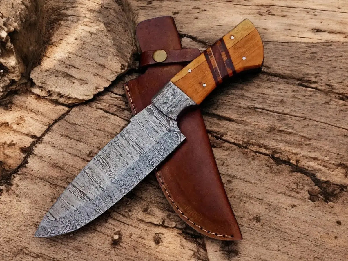 Custom Handmade Damascus Hunting Knife – 9.5" with Wood Handle Damascus Knife Store