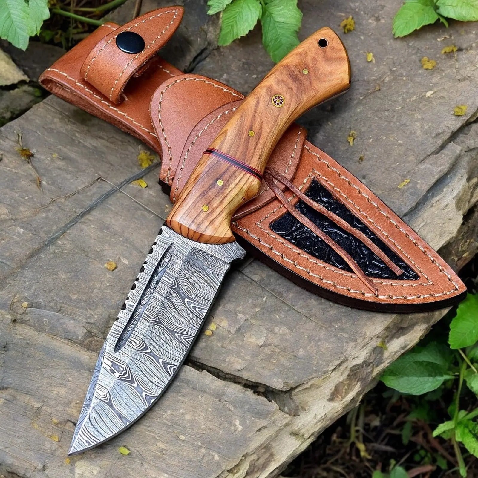 Custom Handmade Damascus Hunting Knife – Olive Wood Handle by Damascus Knife Store, Damascus knife main product photo
