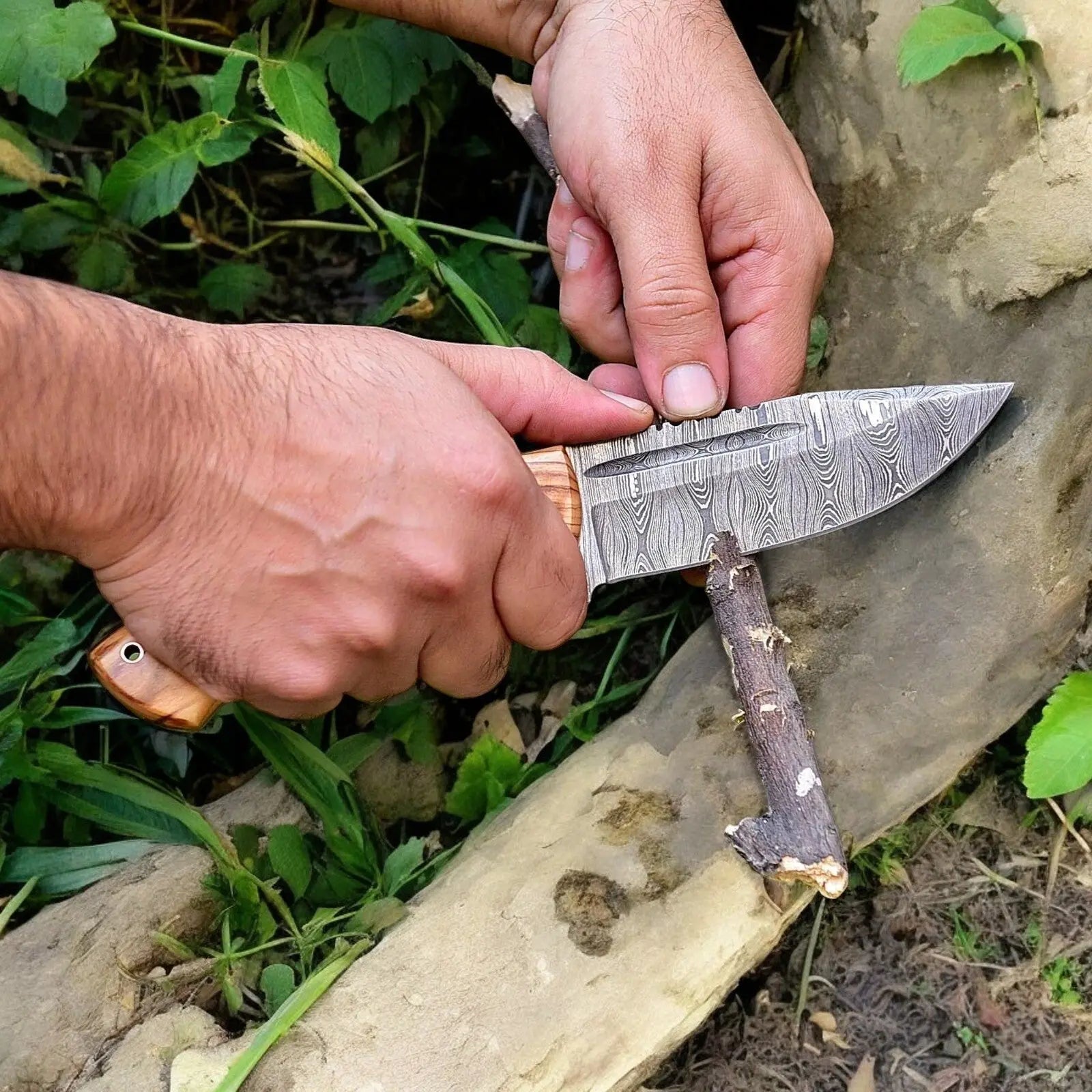 Custom Handmade Damascus Hunting Knife – Olive Wood Handle by Damascus Knife Store, Damascus knife detail photo 2