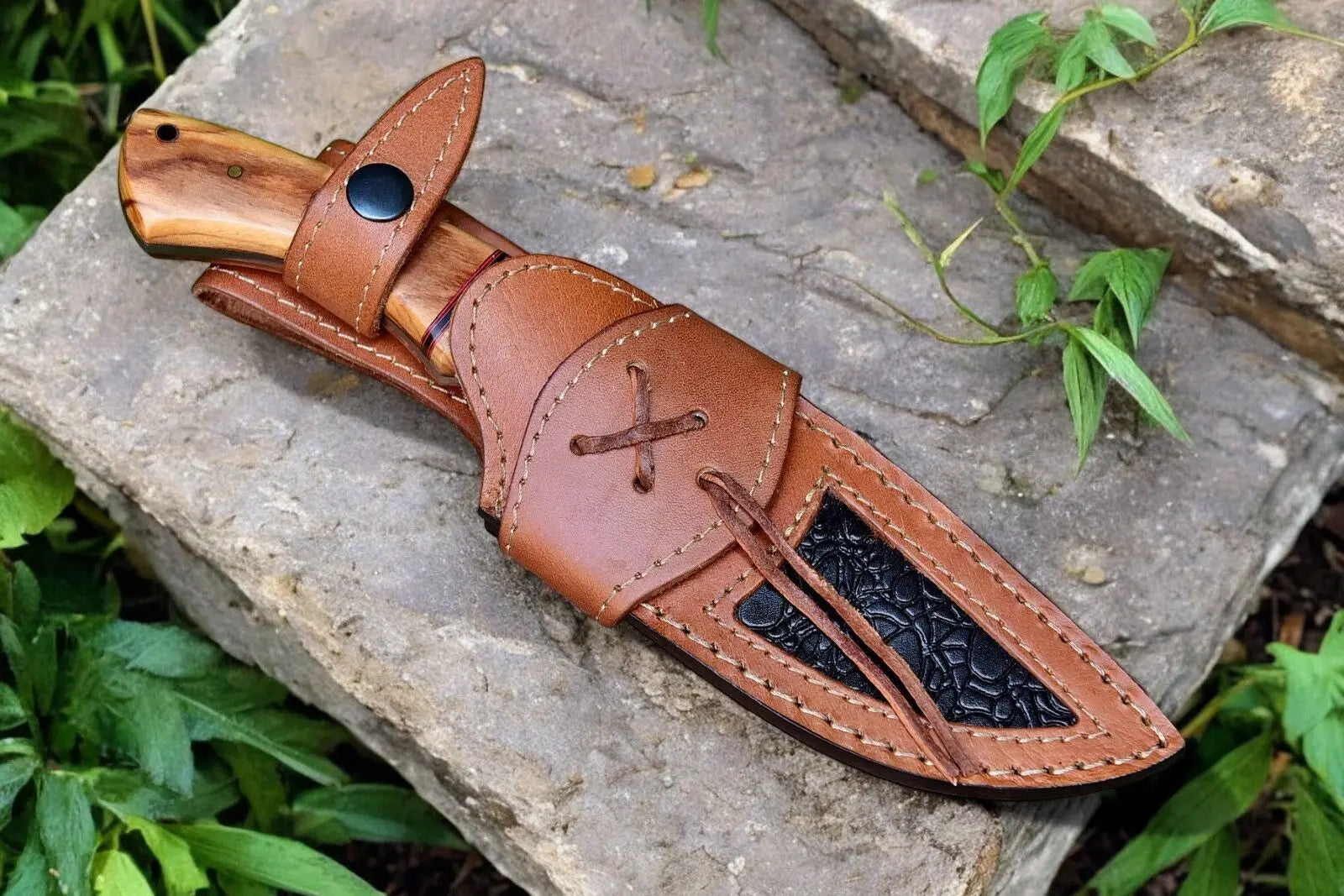 Custom Handmade Damascus Hunting Knife – Olive Wood Handle by Damascus Knife Store, Damascus knife detail photo 5