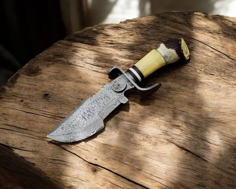 Custom Handmade Damascus Hunting Knife – Stag & Bone Handle by Damascus Knife Store, Damascus knife main product photo