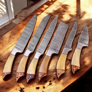Custom Handmade Damascus Kitchen Knives Set – Leather Roll Damascus Knife Store