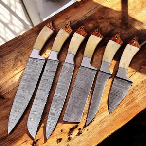 Custom Handmade Damascus Kitchen Knives Set – Leather Roll Damascus Knife Store
