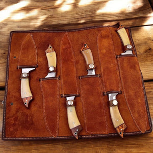 Custom Handmade Damascus Kitchen Knives Set – Leather Roll Damascus Knife Store