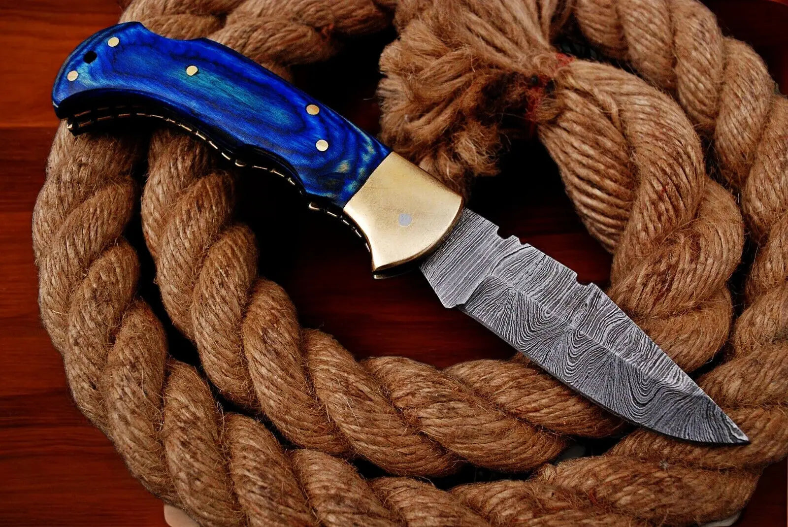 Custom Handmade Damascus Pocket Knife – Blue Exotic Wood Damascus Knife Store