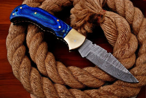 Custom Handmade Damascus Pocket Knife – Blue Exotic Wood Damascus Knife Store