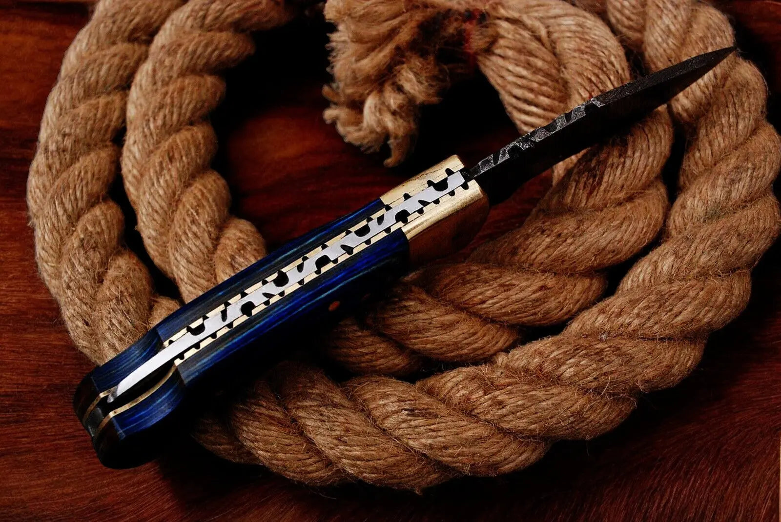Custom Handmade Damascus Pocket Knife – Blue Exotic Wood Damascus Knife Store