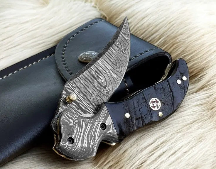 Custom Handmade Damascus Pocket Knife – Blue Pakka Wood Damascus Knife Store