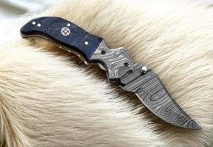 Custom Handmade Damascus Pocket Knife – Blue Pakka Wood Damascus Knife Store