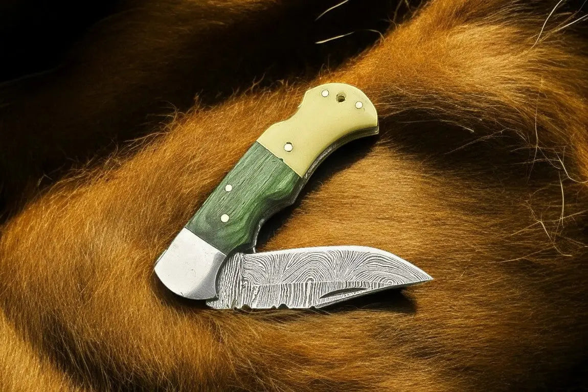 Custom Handmade Damascus Pocket Knife – Bone & Wood Handle by Damascus Knife Store, Damascus knife main product photo