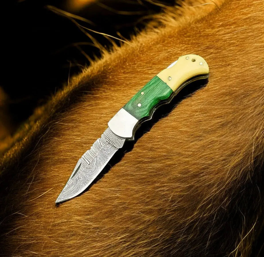 Custom Handmade Damascus Pocket Knife – Bone & Wood Handle by Damascus Knife Store, Damascus knife detail photo 2