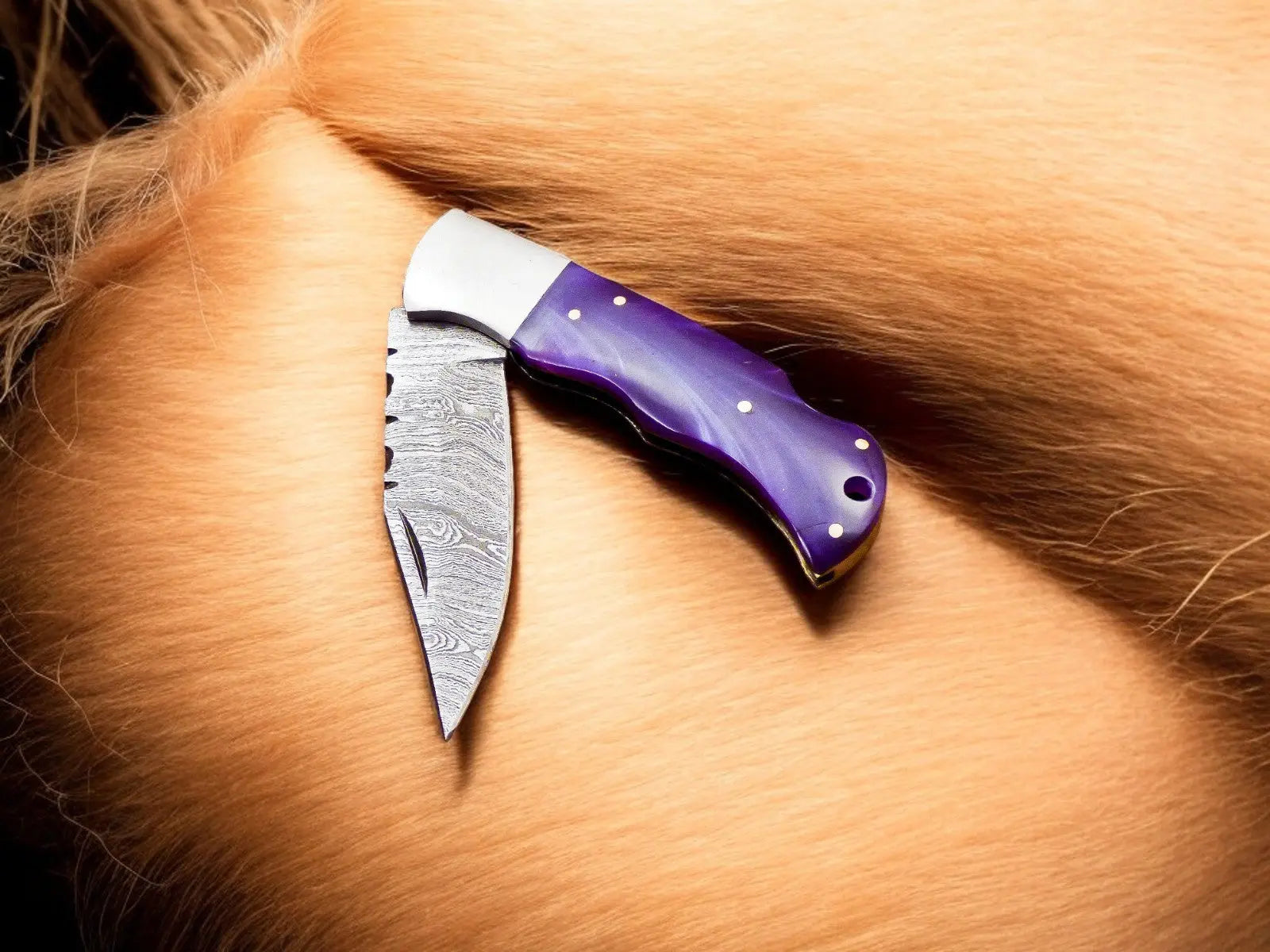 Custom Handmade Damascus Pocket Knife – Colored Bone Handle by Damascus Knife Store, Damascus knife main product photo