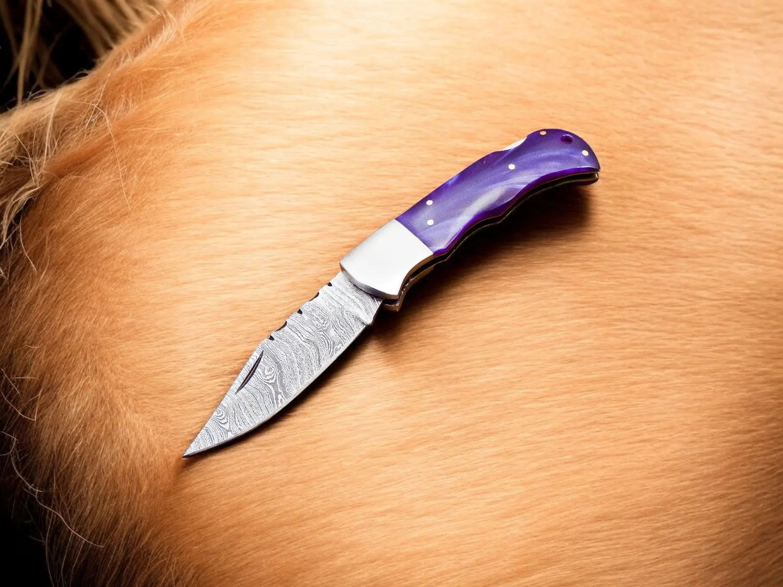 Custom Handmade Damascus Pocket Knife – Colored Bone Handle by Damascus Knife Store, Damascus knife detail photo 2