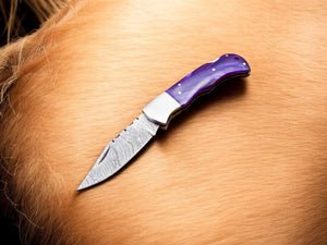Custom Handmade Damascus Pocket Knife – Colored Bone Handle by Damascus Knife Store, Damascus knife detail photo 2
