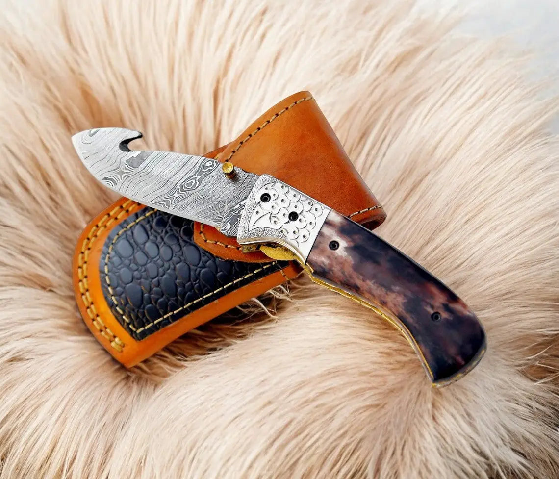 Custom Handmade Damascus Pocket Knife – Colored Bone Handle by Damascus Knife Store, Damascus knife main product photo