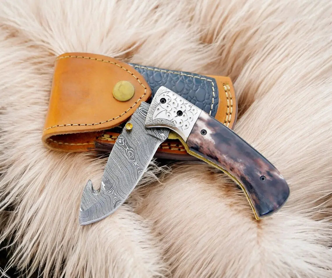Custom Handmade Damascus Pocket Knife – Colored Bone Handle by Damascus Knife Store, Damascus knife detail photo 2