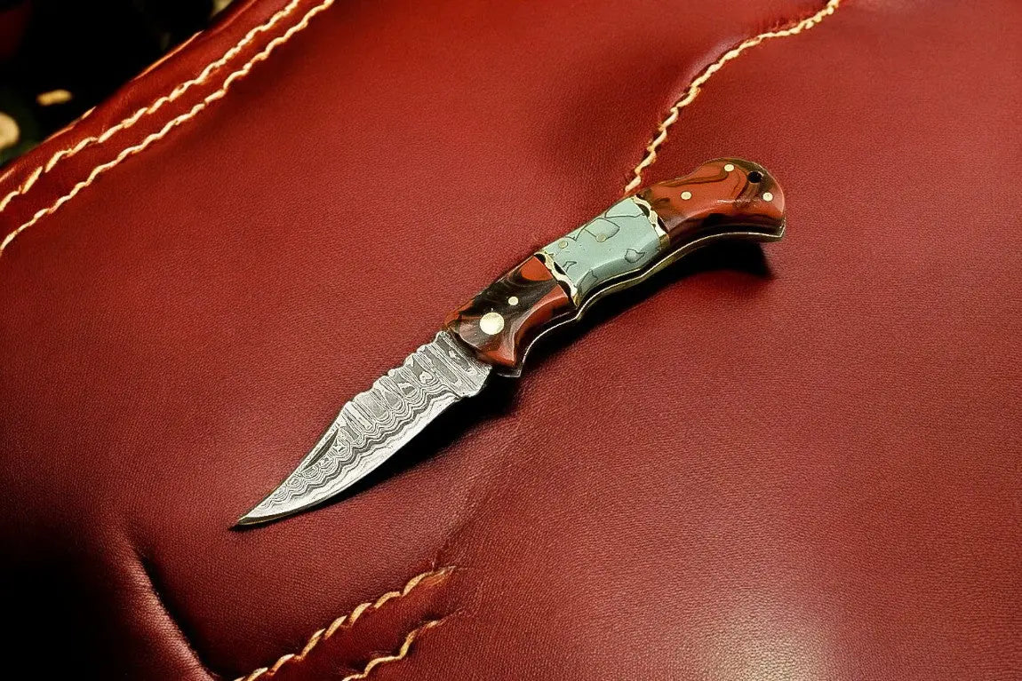 Custom Handmade Damascus Pocket Knife – Epoxy Resin Handle Damascus Knife Store
