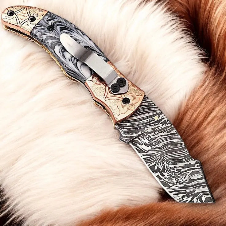 Custom Handmade Damascus Pocket Knife – Epoxy Resin Handle Damascus Knife Store