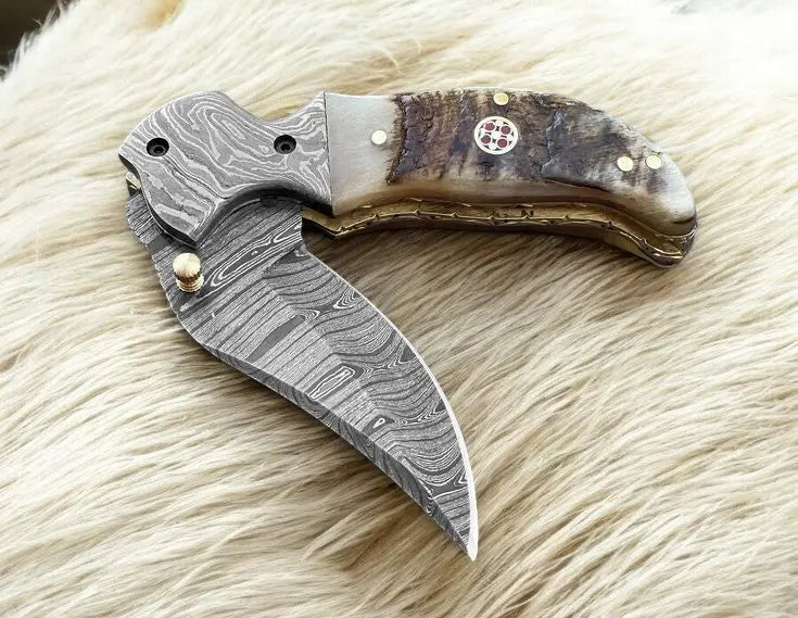 Custom Handmade Damascus Pocket Knife – Sheep Horn Handle by Damascus Knife Store, Damascus knife main product photo