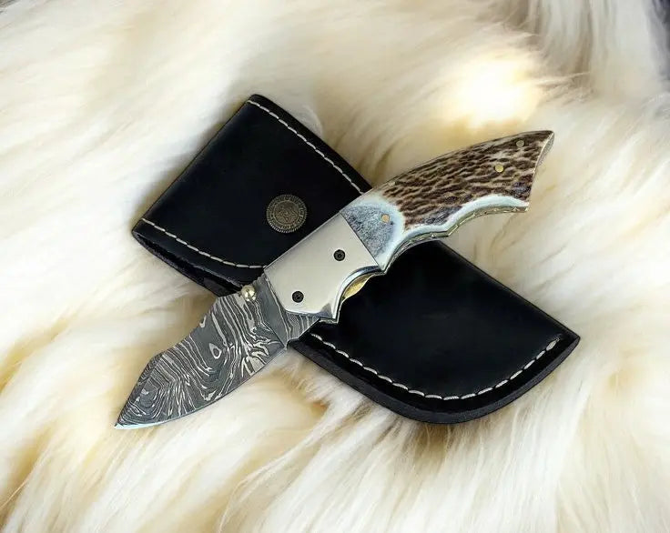 Custom Handmade Damascus Pocket Knife – Stag Horn Handle by Damascus Knife Store, Damascus knife main product photo