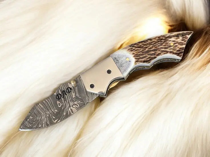 Custom Handmade Damascus Pocket Knife – Stag Horn Handle by Damascus Knife Store, Damascus knife detail photo 2