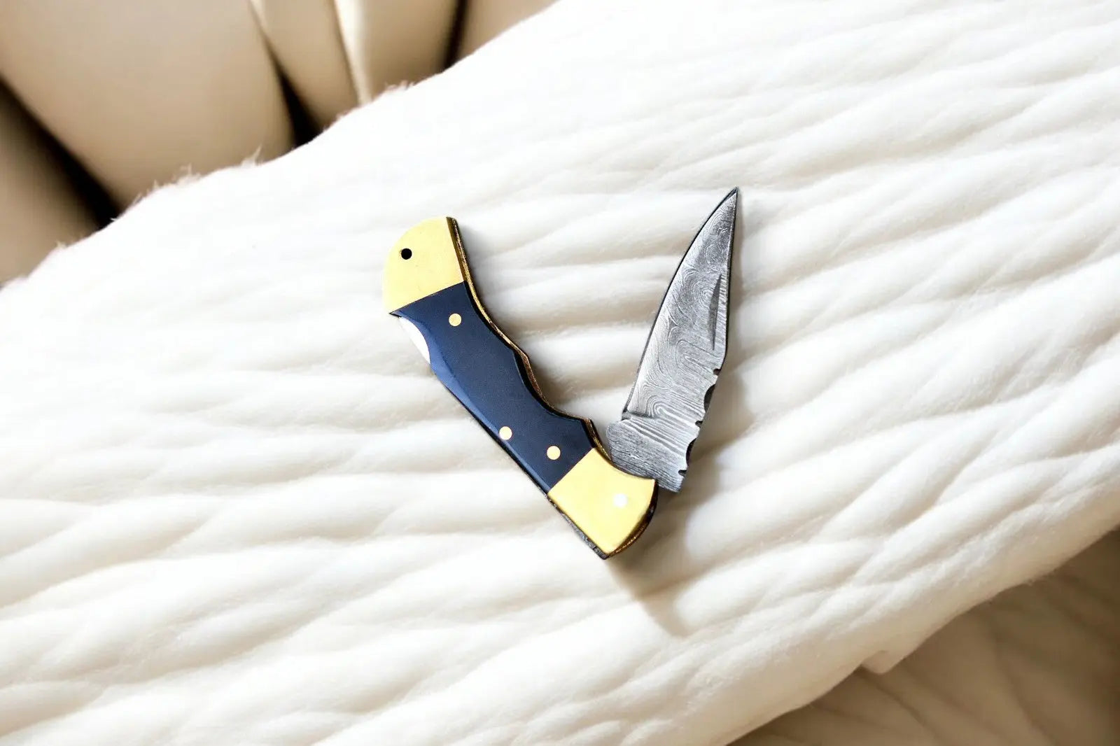 Custom Handmade Damascus Pocket Knife with Buffalo Horn by Damascus Knife Store, Damascus knife main product photo