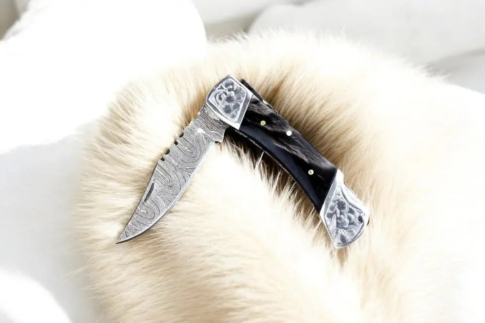 Custom Handmade Damascus Pocket Knife with Buffalo Horn Handle by Damascus Knife Store, Damascus knife main product photo