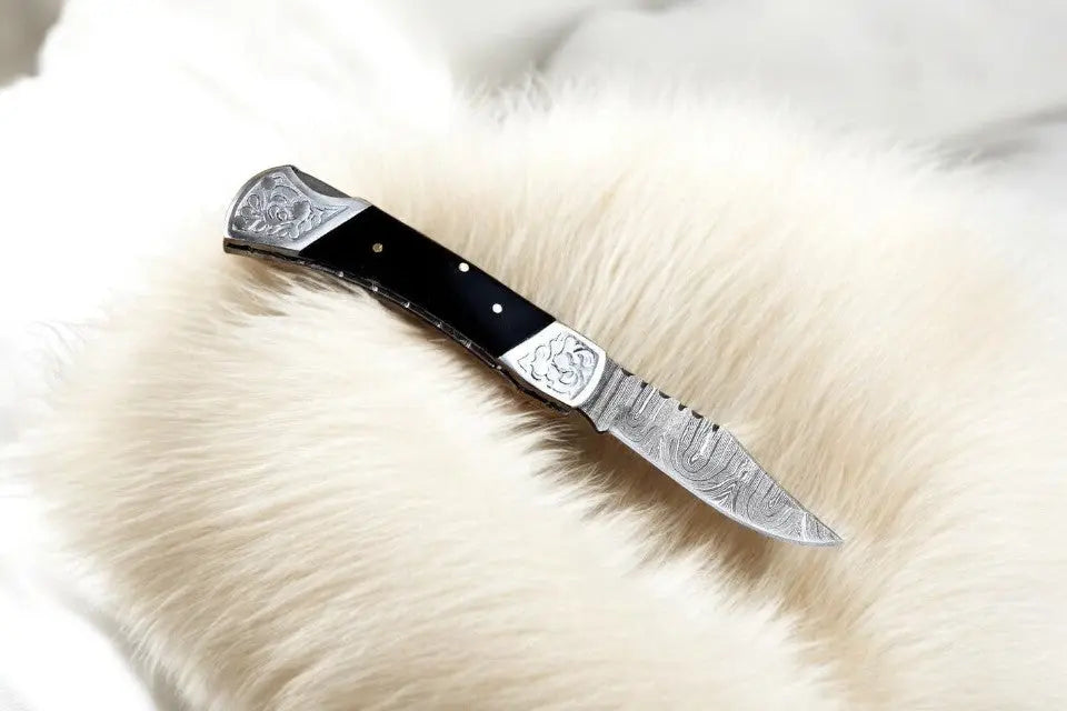 Custom Handmade Damascus Pocket Knife with Buffalo Horn Handle by Damascus Knife Store, Damascus knife detail photo 2