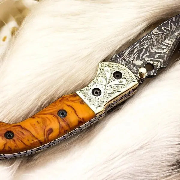 Custom Handmade Damascus Pocket Knife with Epoxy Resin Handle by Damascus Knife Store, Damascus knife main product photo