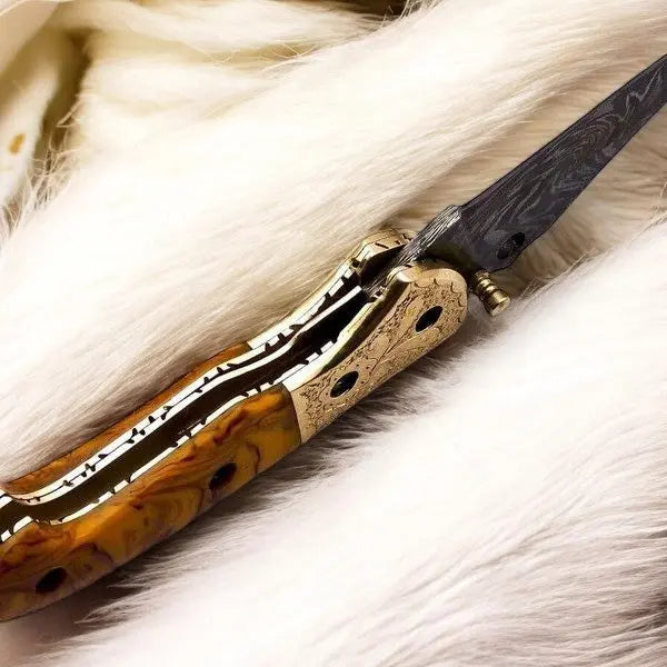 Custom Handmade Damascus Pocket Knife with Epoxy Resin Handle by Damascus Knife Store, Damascus knife detail photo 2