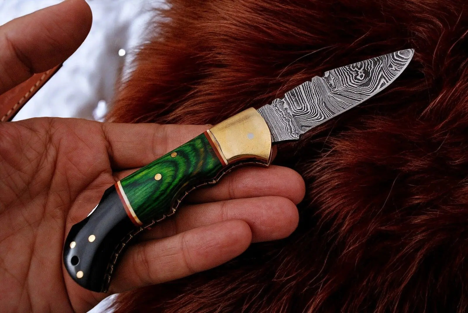 Custom Handmade Damascus Pocket Knife with Green Wood Handle Damascus Knife Store