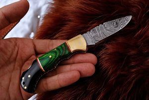 Custom Handmade Damascus Pocket Knife with Green Wood Handle Damascus Knife Store