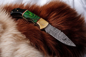 Custom Handmade Damascus Pocket Knife with Green Wood Handle Damascus Knife Store