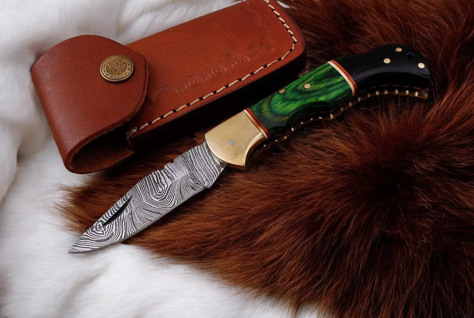 Custom Handmade Damascus Pocket Knife with Green Wood Handle Damascus Knife Store