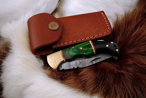 Custom Handmade Damascus Pocket Knife with Green Wood Handle Damascus Knife Store