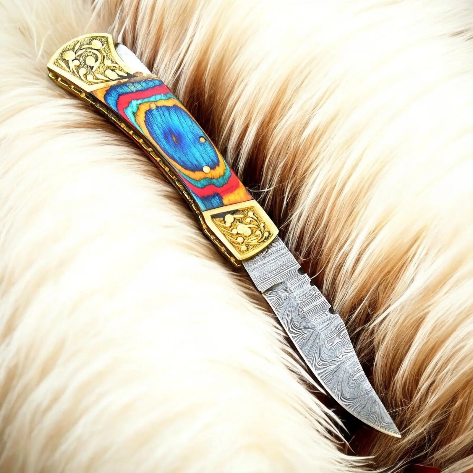 Custom Handmade Damascus Pocket Knife with Multi-Color Wood Handle by Damascus Knife Store, Damascus knife main product photo