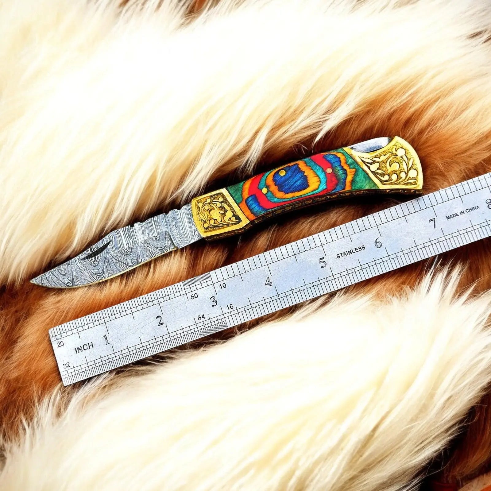 Custom Handmade Damascus Pocket Knife with Multi-Color Wood Handle by Damascus Knife Store, Damascus knife detail photo 2