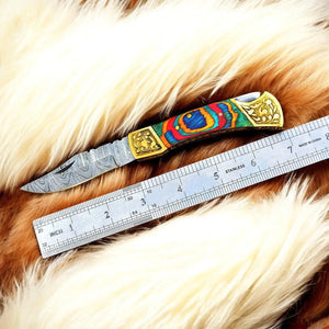 Custom Handmade Damascus Pocket Knife with Multi-Color Wood Handle by Damascus Knife Store, Damascus knife detail photo 2