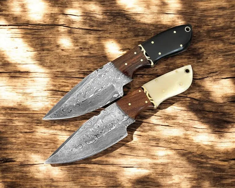 Custom Handmade Damascus Skinning Knife with Leather Sheath by Damascus Knife Store, leather knife sheath main product photo