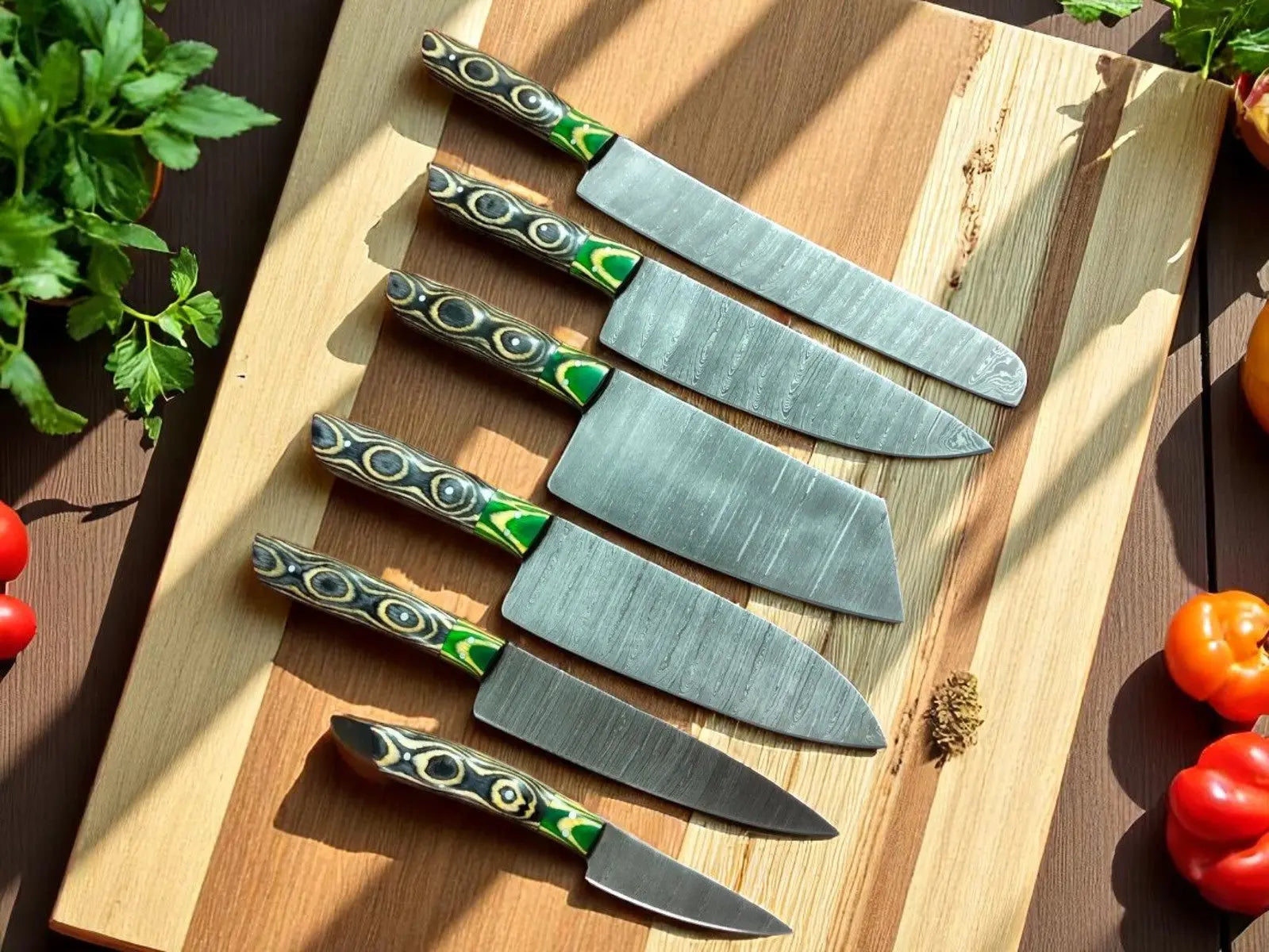 Custom Handmade Damascus Steel Kitchen Knives Set by Damascus Knife Store, Southern lifestyle apparel main product photo