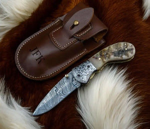 Custom Handmade Damascus Steel Pocket Knife – Sheep Horn by Damascus Knife Store, Damascus knife main product photo