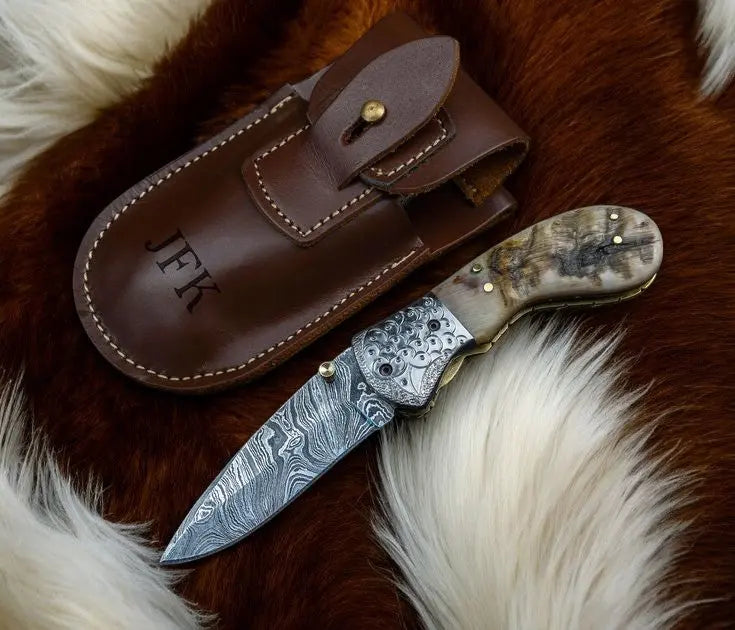 Custom Handmade Damascus Steel Pocket Knife – Sheep Horn by Damascus Knife Store, Damascus knife main product photo