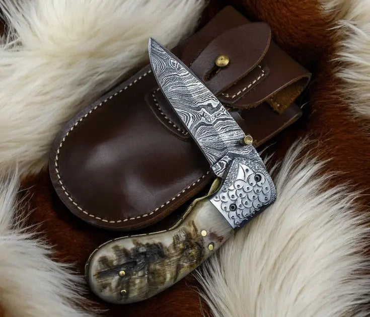 Custom Handmade Damascus Steel Pocket Knife – Sheep Horn by Damascus Knife Store, Damascus knife detail photo 2