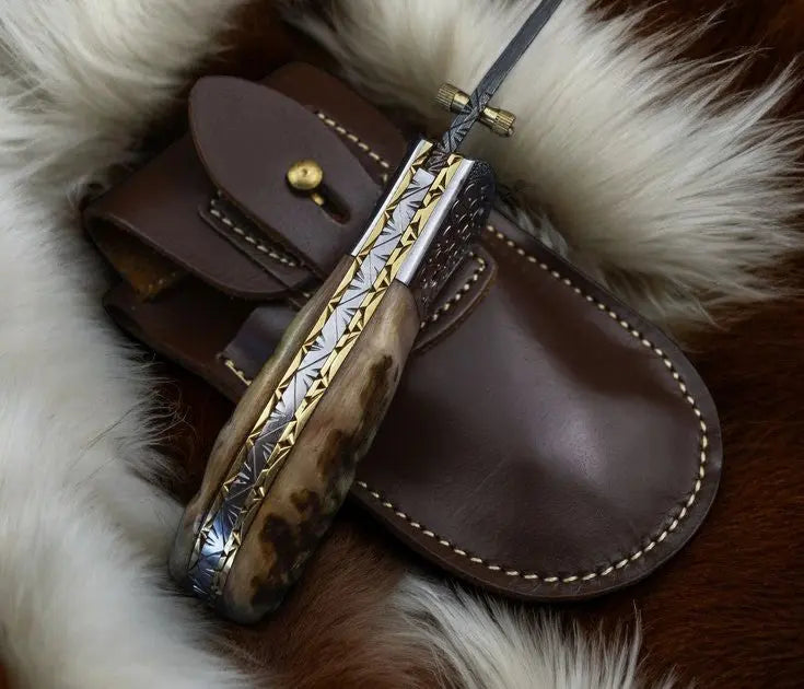 Custom Handmade Damascus Steel Pocket Knife – Sheep Horn by Damascus Knife Store, Damascus knife detail photo 7