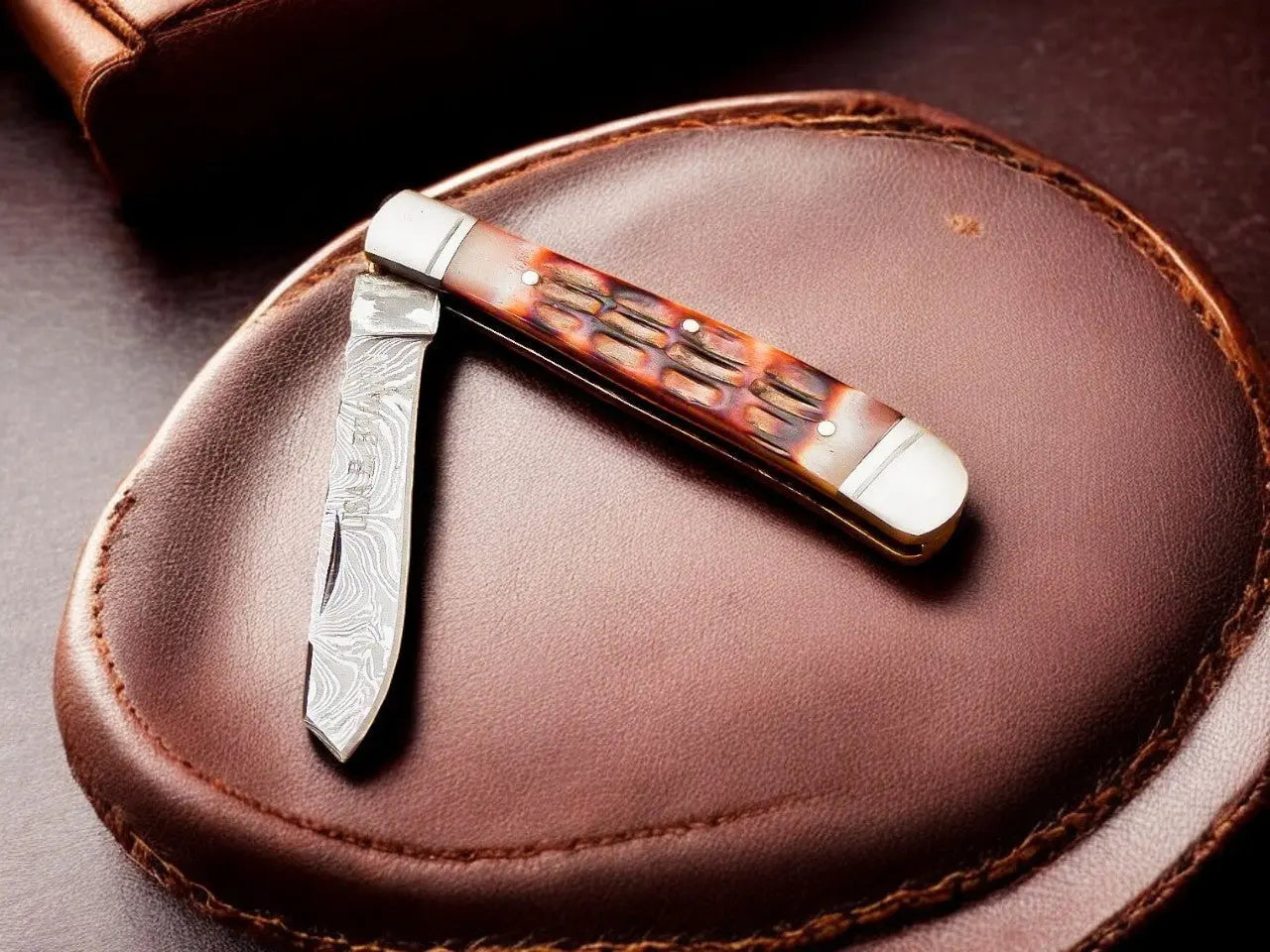 Custom Handmade Damascus Steel Pocket Knife with Bone Handle by Damascus Knife Store, Damascus knife main product photo
