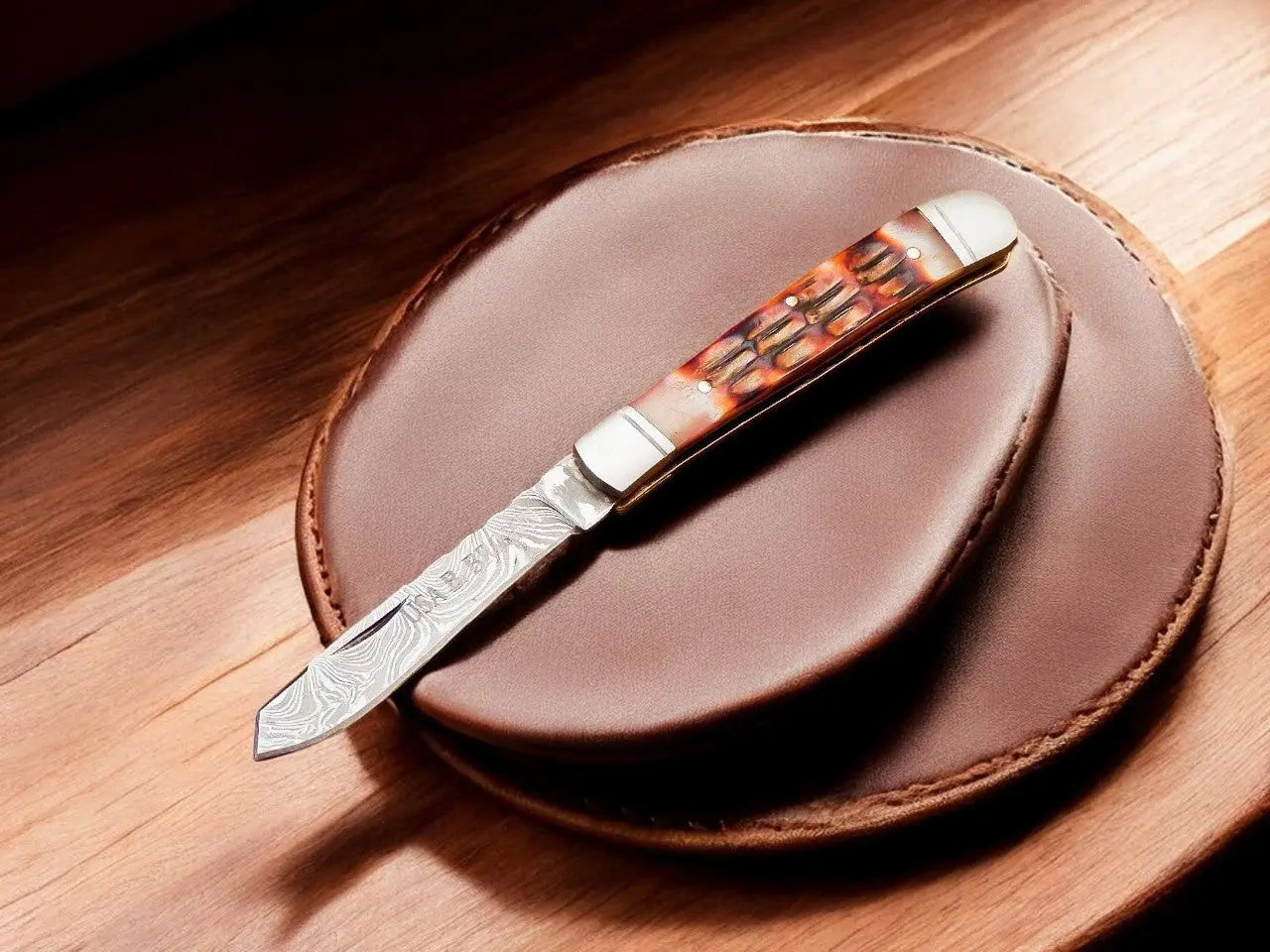 Custom Handmade Damascus Steel Pocket Knife with Bone Handle by Damascus Knife Store, Damascus knife detail photo 2