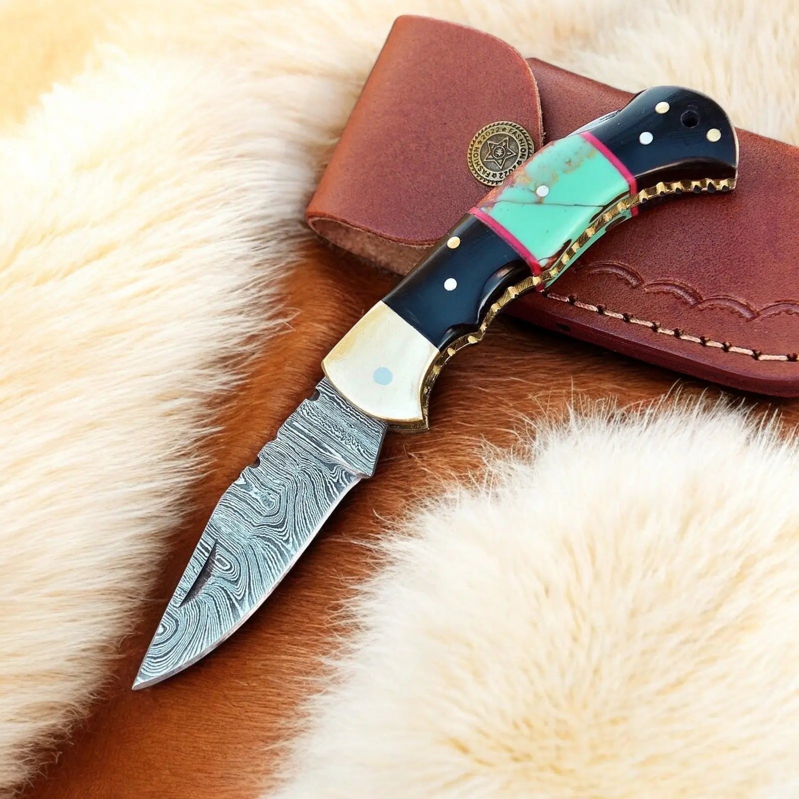 Custom Handmade Damascus Steel Pocket Knife with Brass Bolster Damascus Knife Store